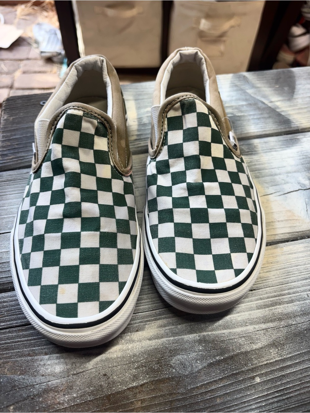 Vans Slip-On Checkerboard Sneakers in Green and White
